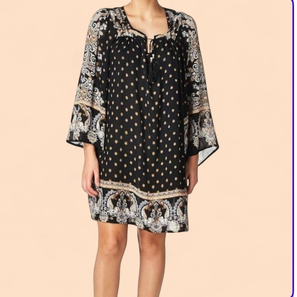 Angie Bohemian Black and Gold Paisley Print Dress with Tassel Ties at Neckline
